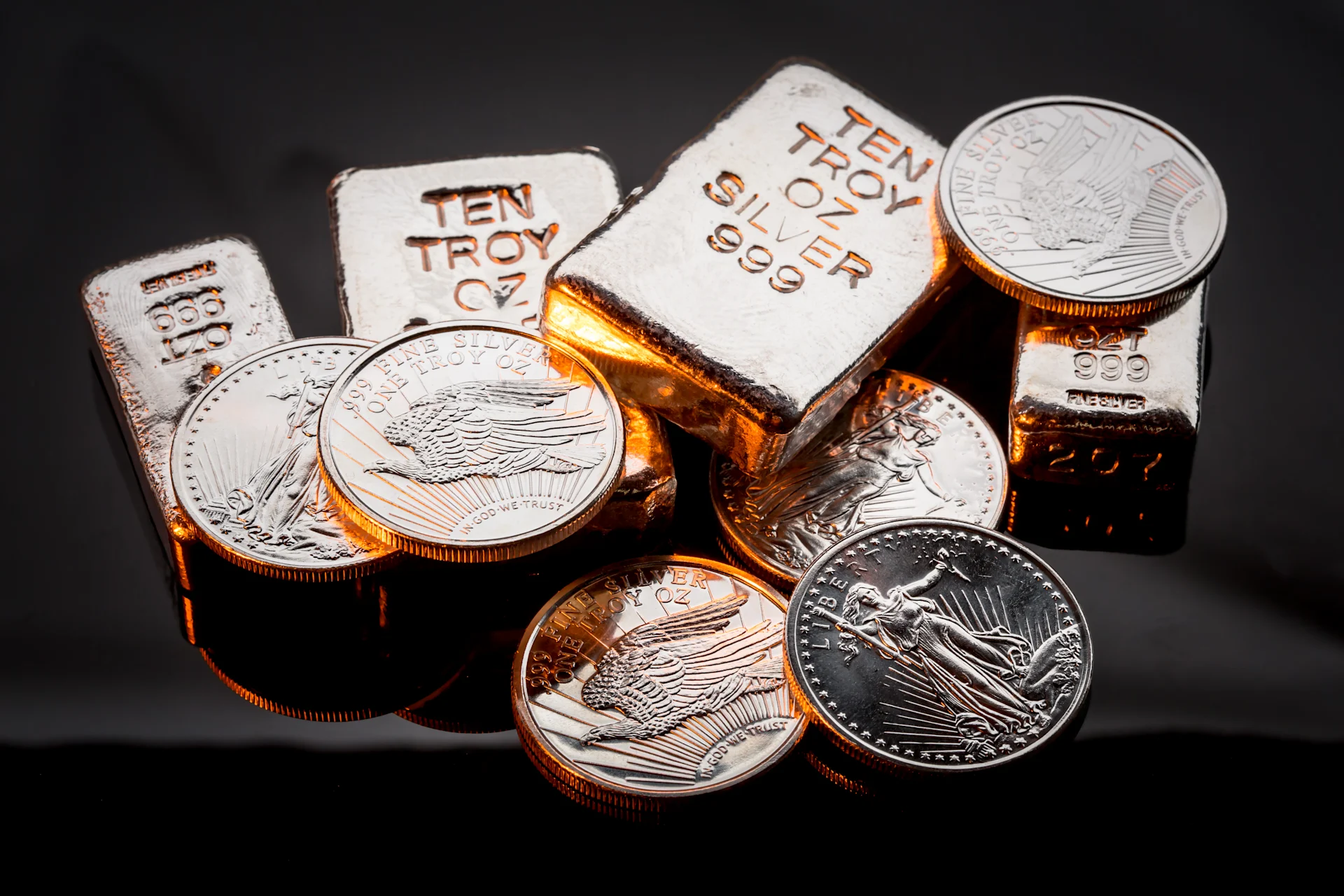 Silver bars and coins