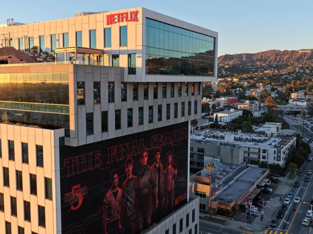 An aerial view of the Netflix logo and the "Stranger Things" season 5 promo displayed at Netflix studios